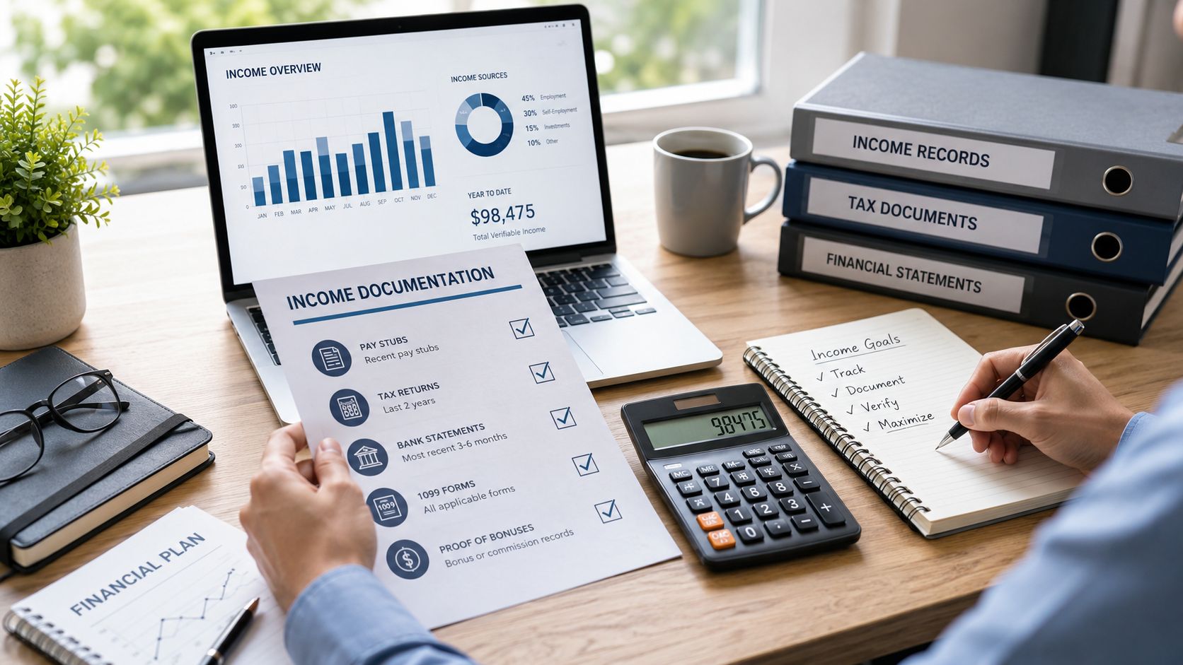 A person reviewing financial documents and income goals at a desk with a laptop and calculator.