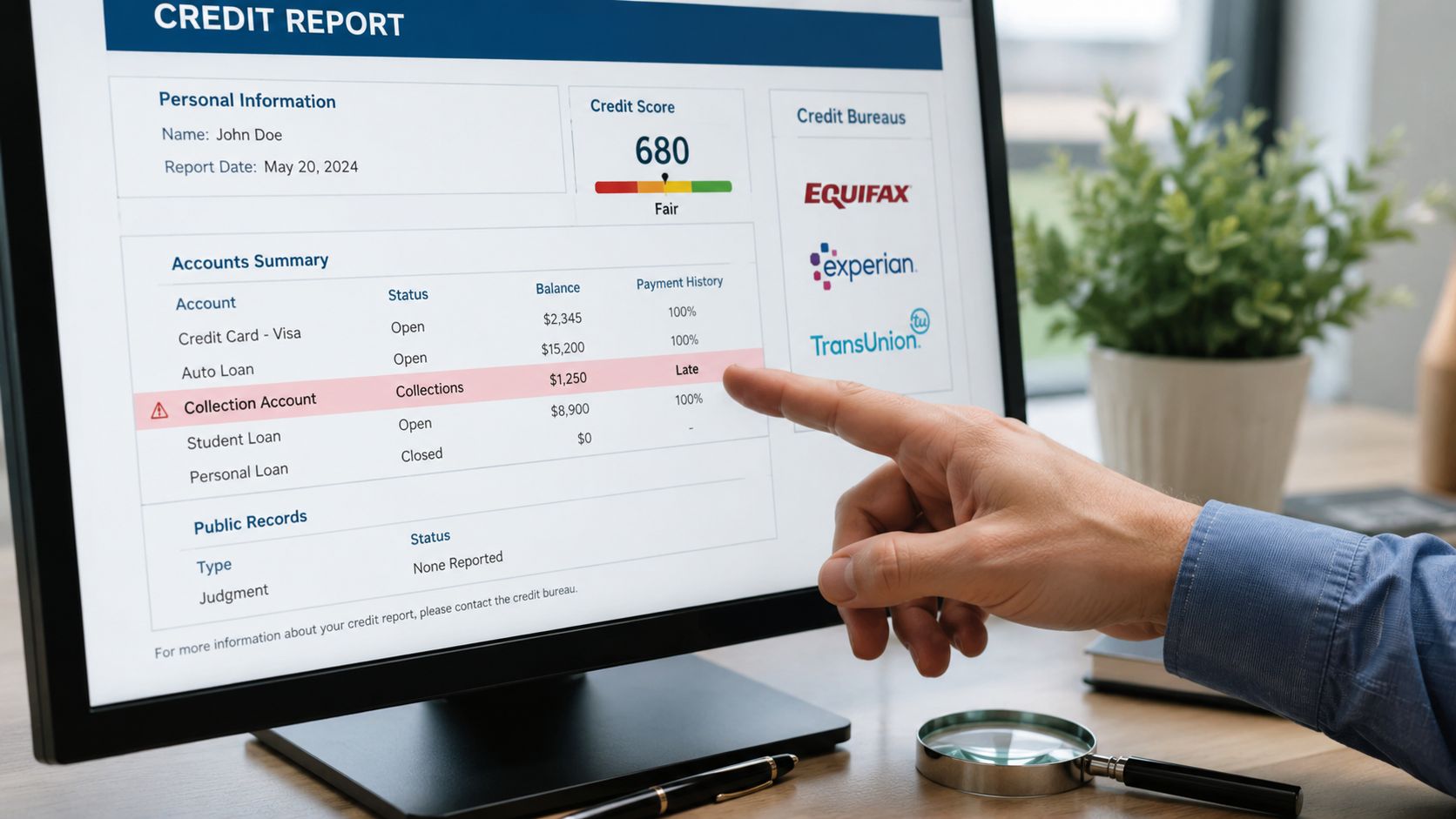 A person pointing at a credit report on a computer screen displaying account details and scores.