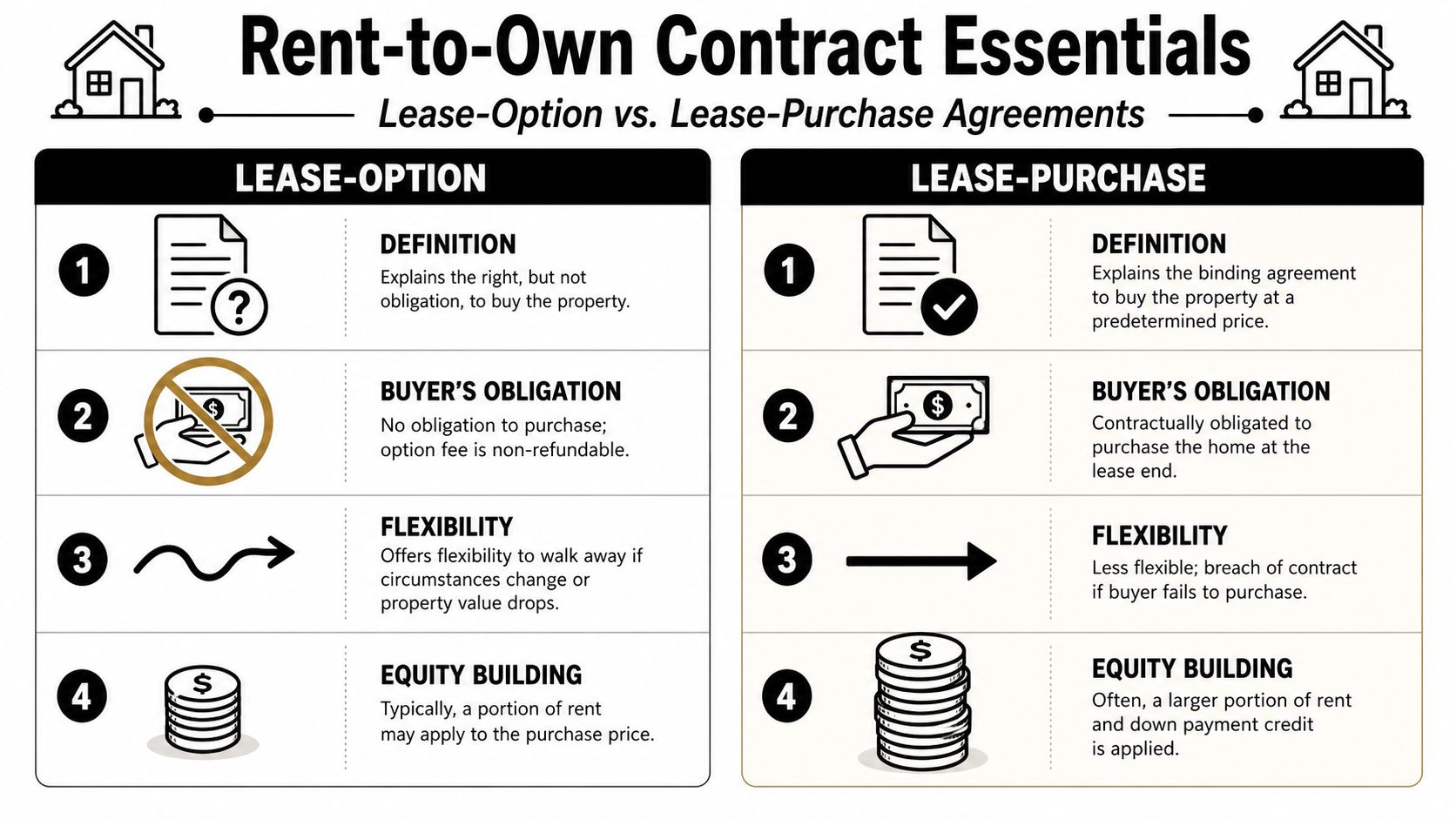 A comparison chart outlining the key differences between lease-option and lease-purchase rent-to-own real estate agreements.