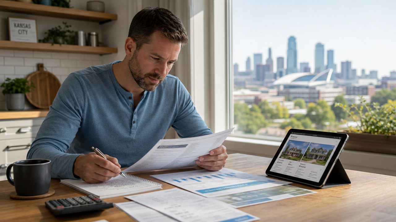 A man reviewing housing documents and financial papers while looking at property listings on a tablet.