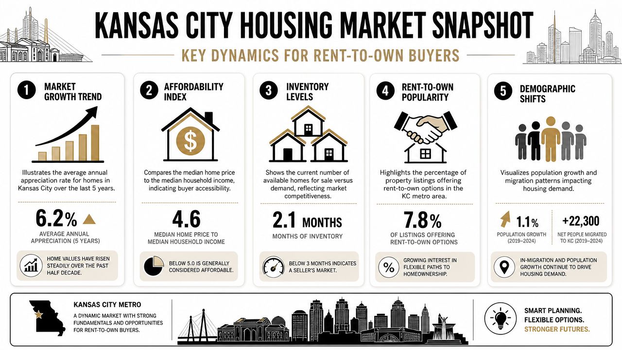 An infographic showing key Kansas City housing market statistics for rent-to-own homebuyers including growth, affordability, and inventory.