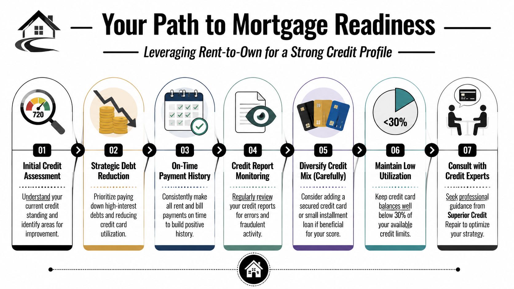 An infographic showing seven steps to build a strong credit profile for rent-to-own mortgage readiness.