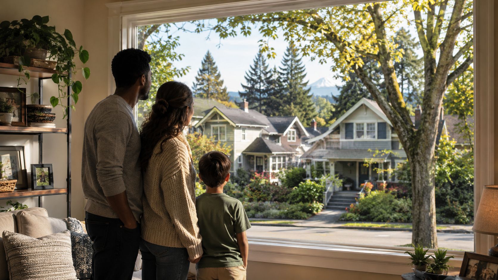 A family of three looks out of a window at a suburban neighborhood with houses and trees.