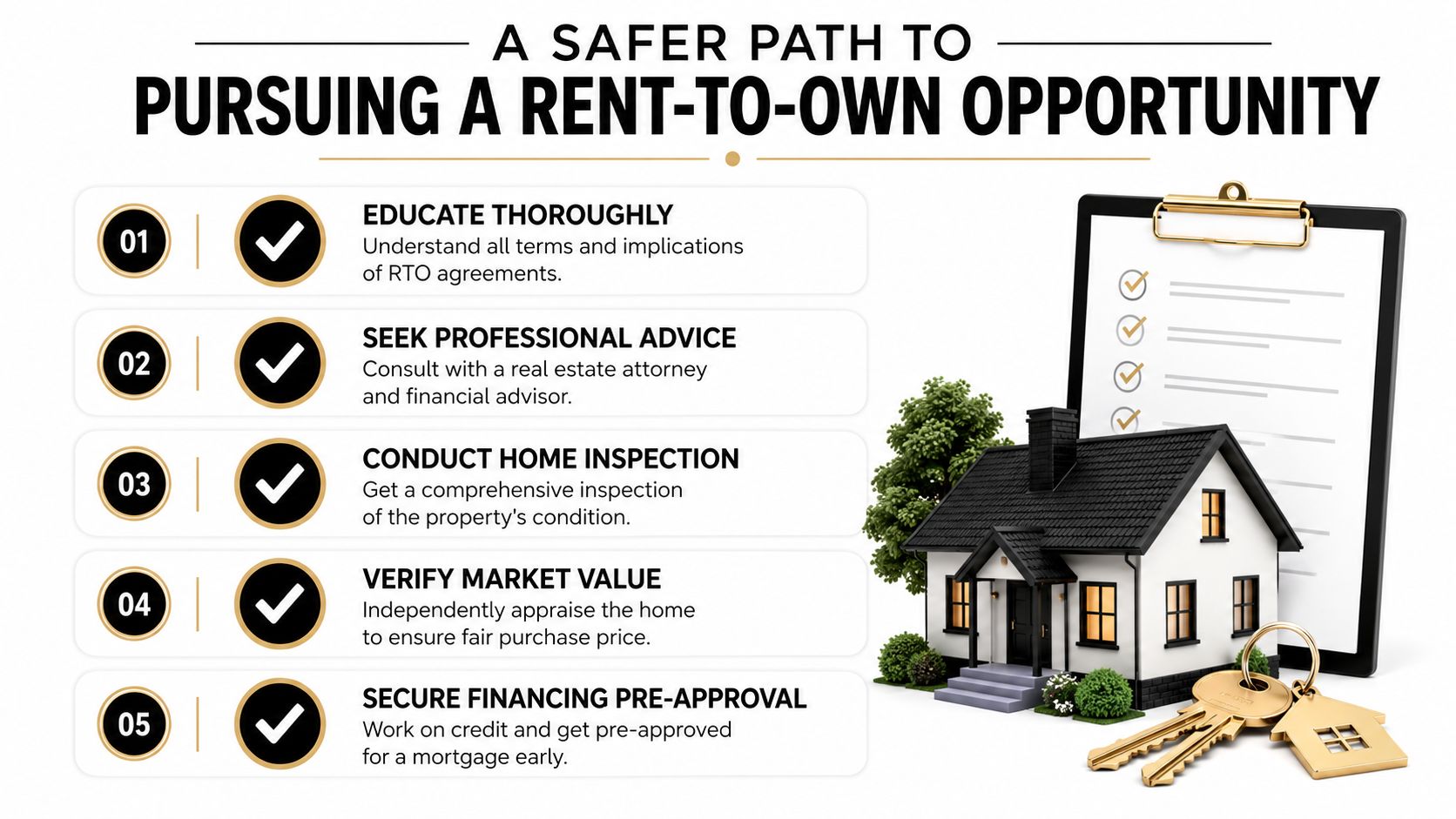 An infographic titled A Safer Path to Pursuing a Rent-to-Own Opportunity with five numbered steps for prospective buyers.