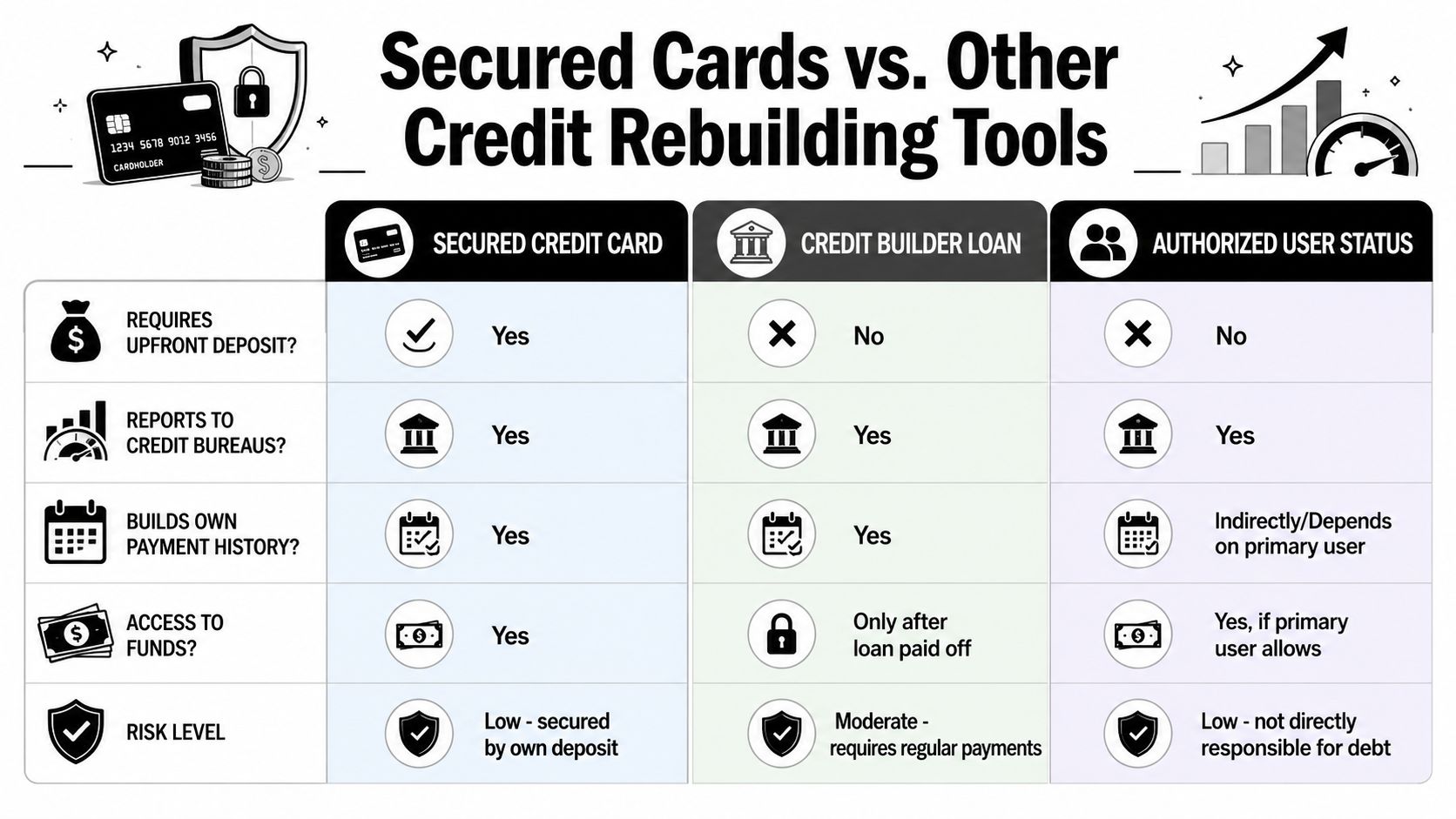 Side-by-side comparison chart for secured credit cards and credit building