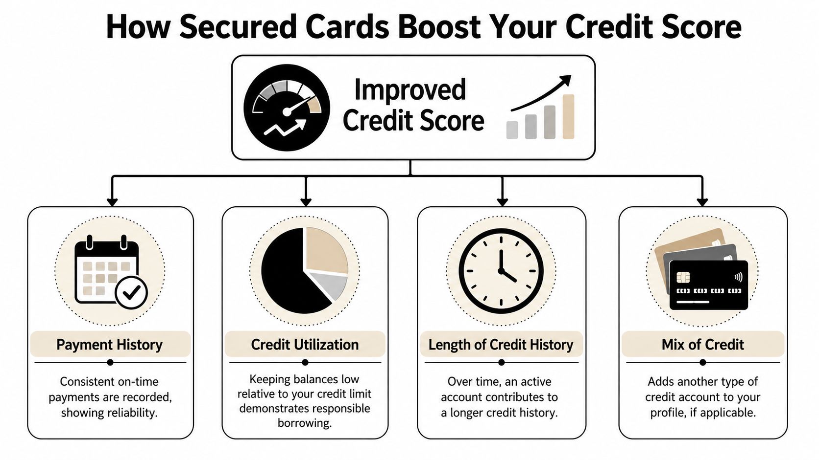 Credit-score gauge and report materials for secured credit cards and credit building