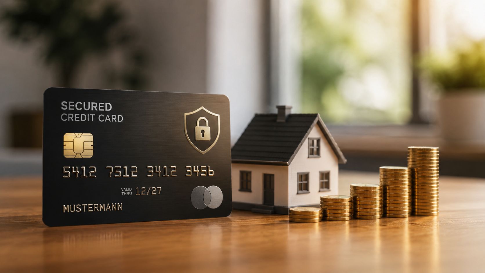 Credit card, model house, and stacked coins representing secured credit cards and credit building