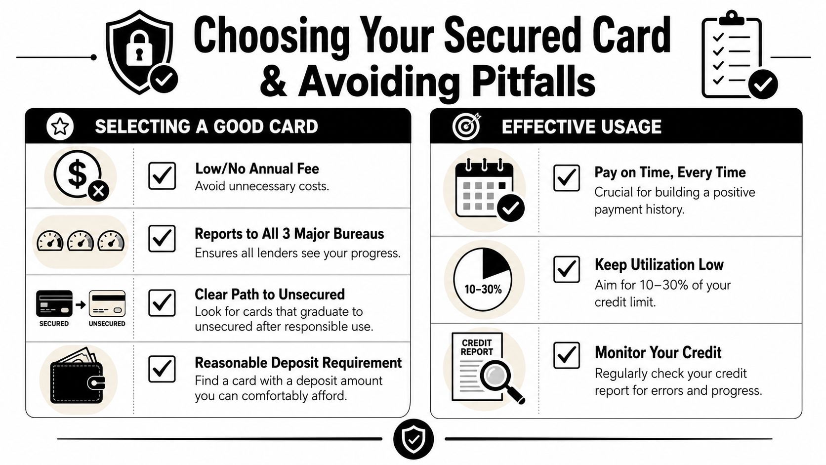 Selection guide comparing fees, usage, limits, and reporting for secured credit cards and credit building