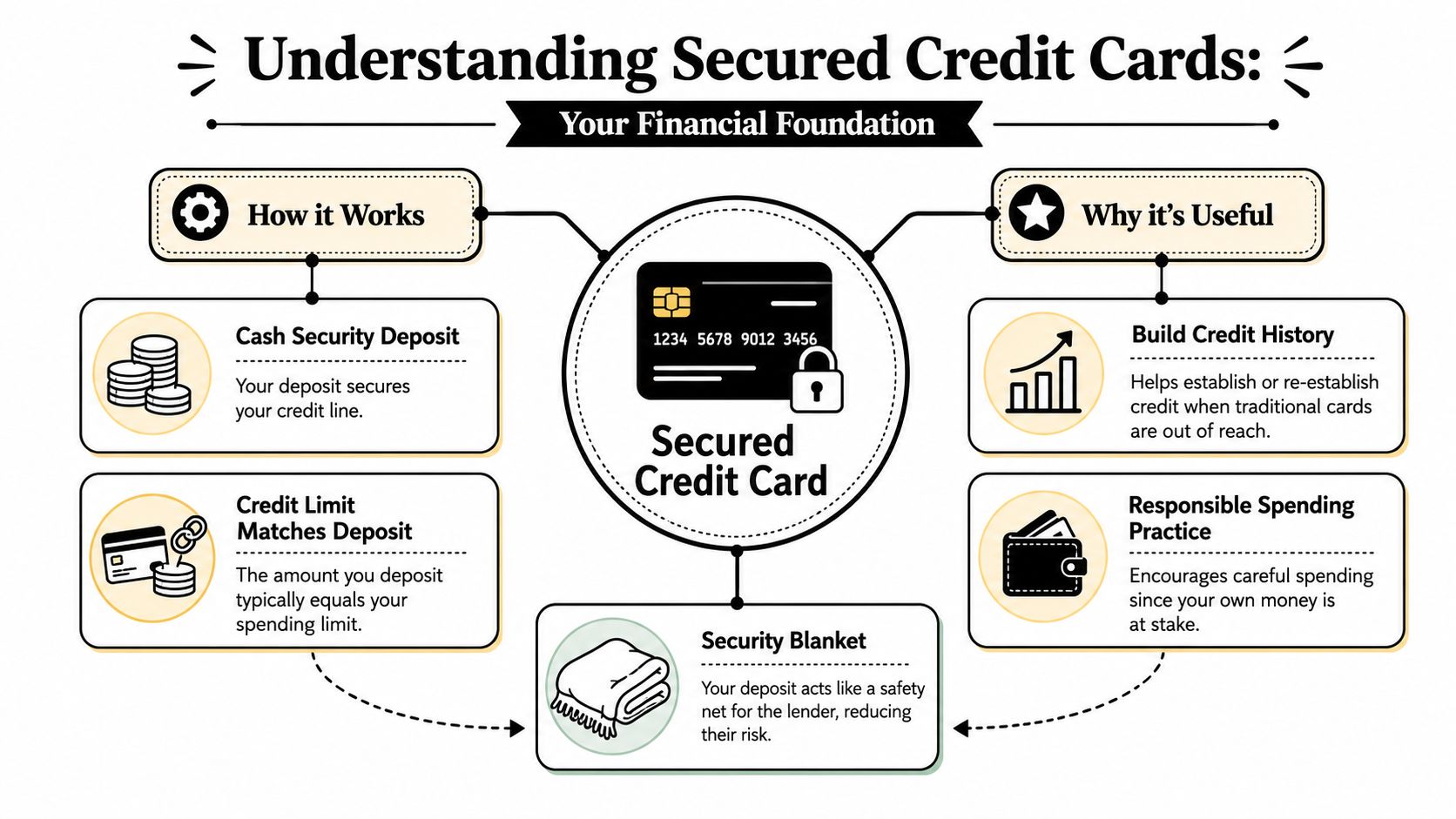 Secured credit card diagram showing deposit, credit limit, reporting, and credit building