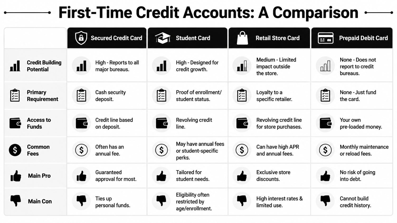 A comparison chart outlining the pros, cons, and requirements of four first-time credit account options.