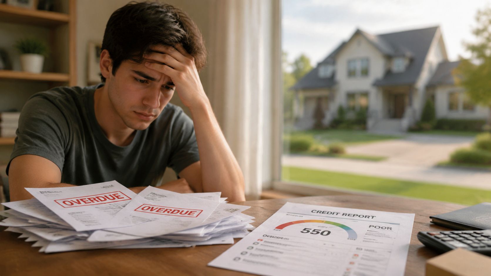 Stressed young man looking at a pile of overdue bills and a poor credit report score.