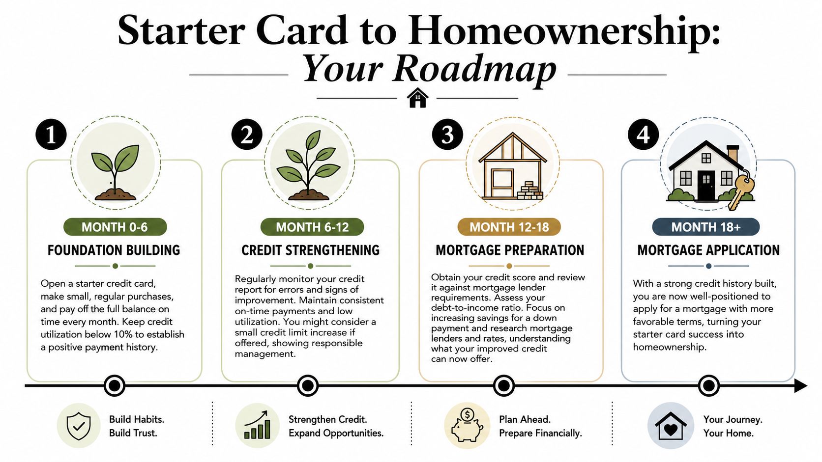 A four-step roadmap infographic guiding individuals from using a starter credit card to homeownership.