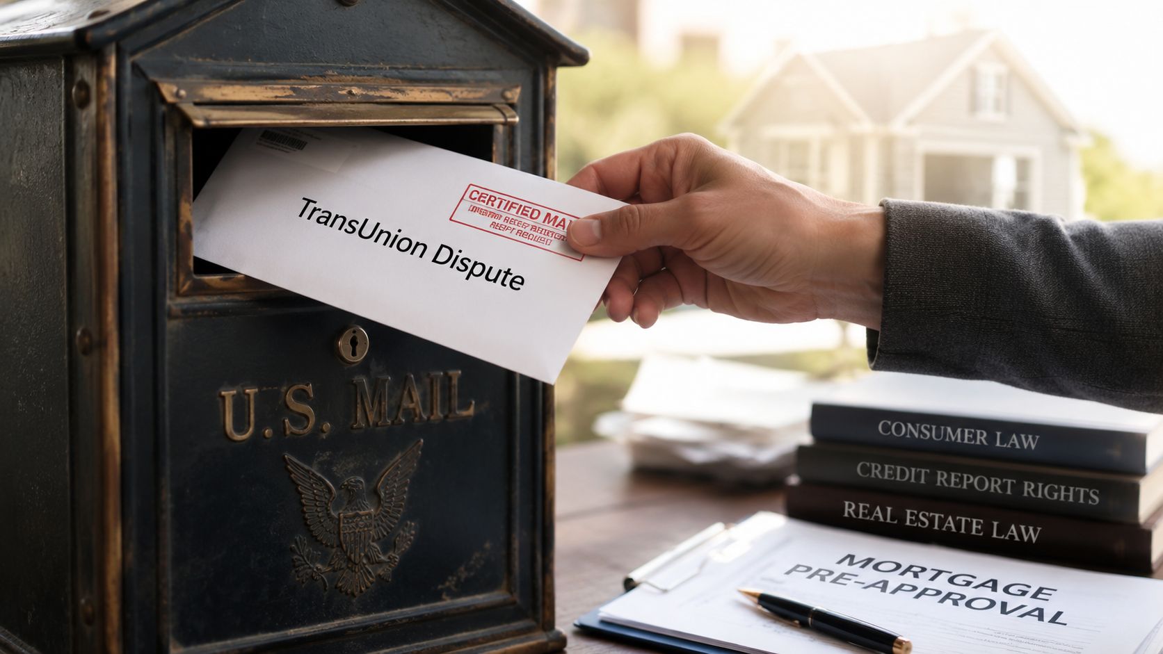 A hand placing a TransUnion dispute envelope into a U.S. Mail box near mortgage documents.