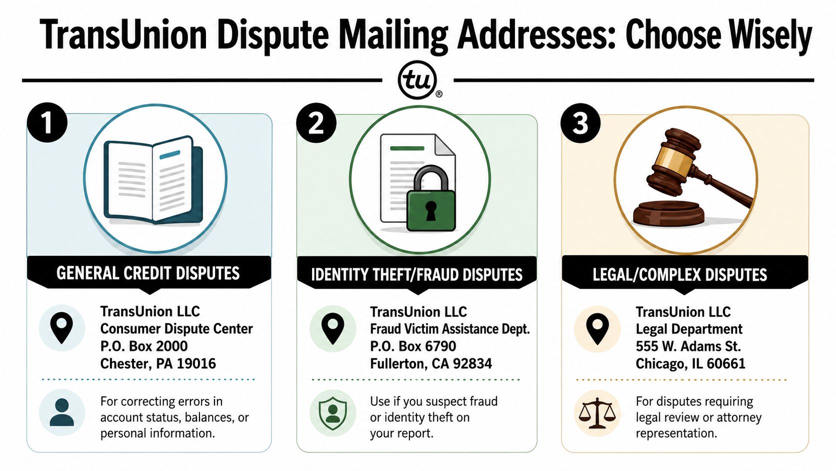 An infographic showing three distinct TransUnion mailing addresses based on the type of credit dispute category.