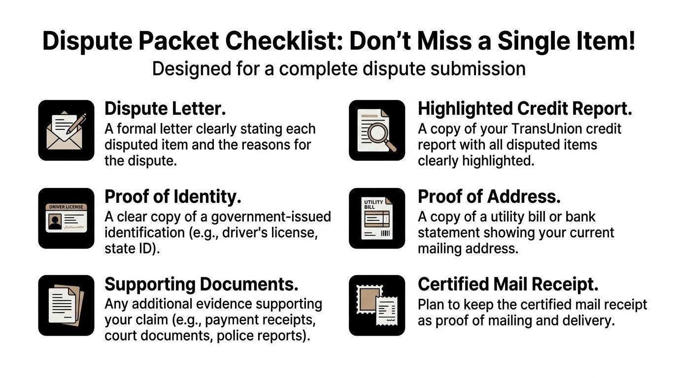 A checklist for a credit dispute packet showing six essential documents needed for a complete submission.