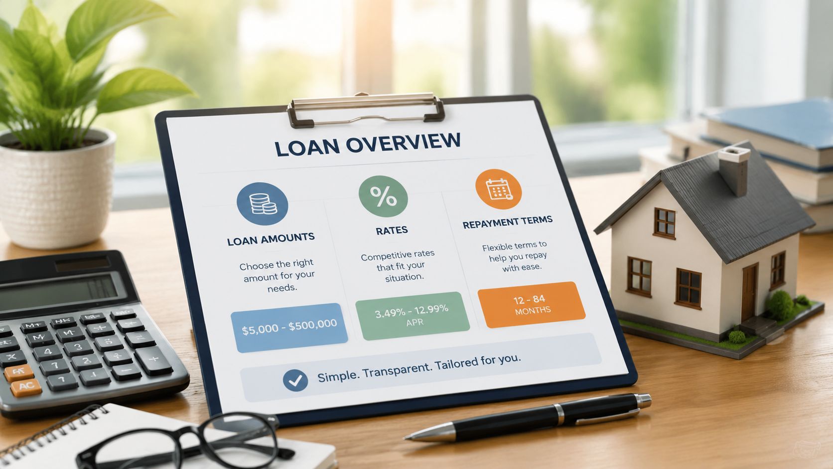 A clipboard showing loan overview details including loan amounts, competitive APR rates, and flexible repayment terms on a desk.