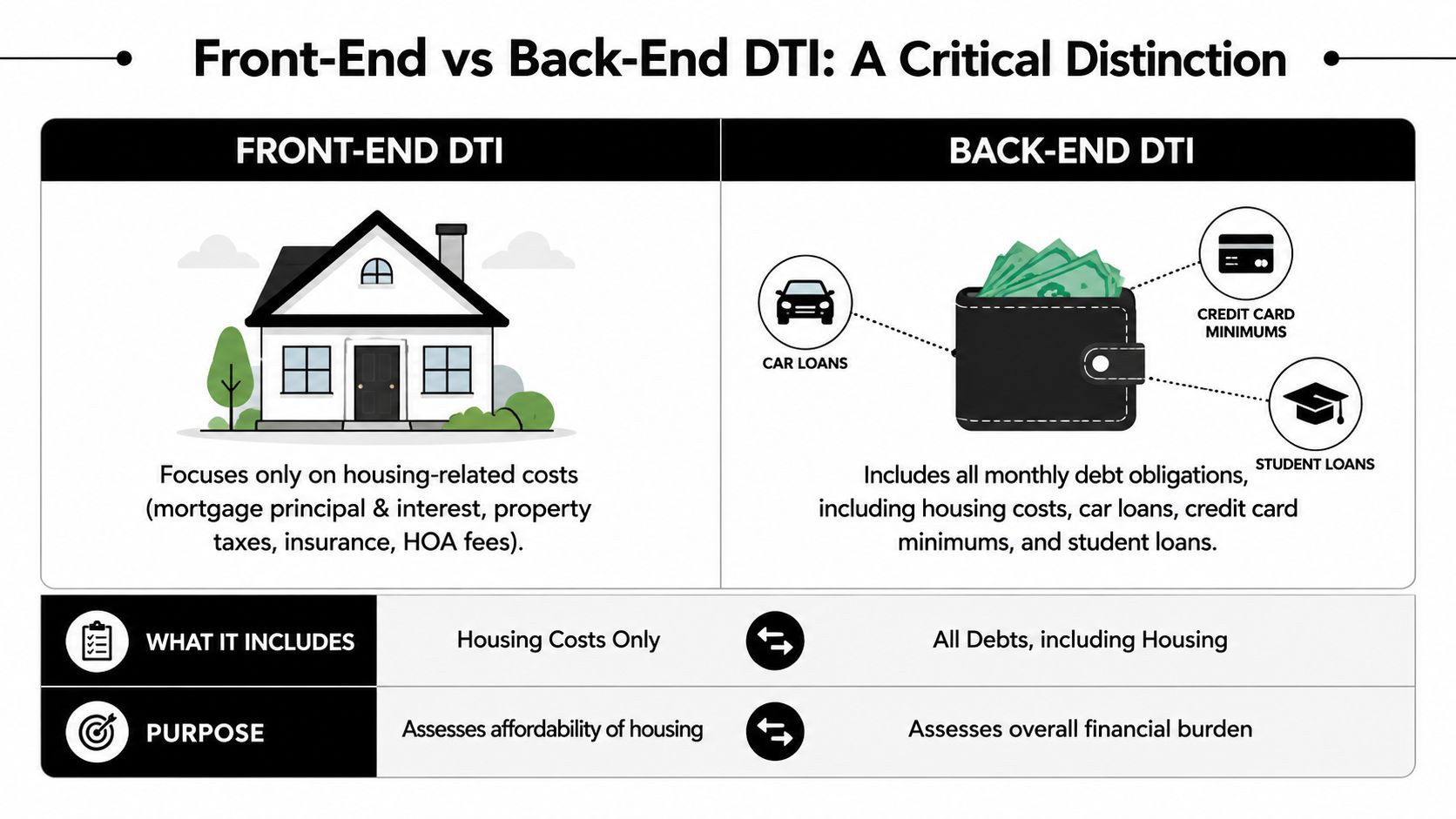 A comparison chart explaining the difference between front-end and back-end debt-to-income ratios for mortgage calculations.