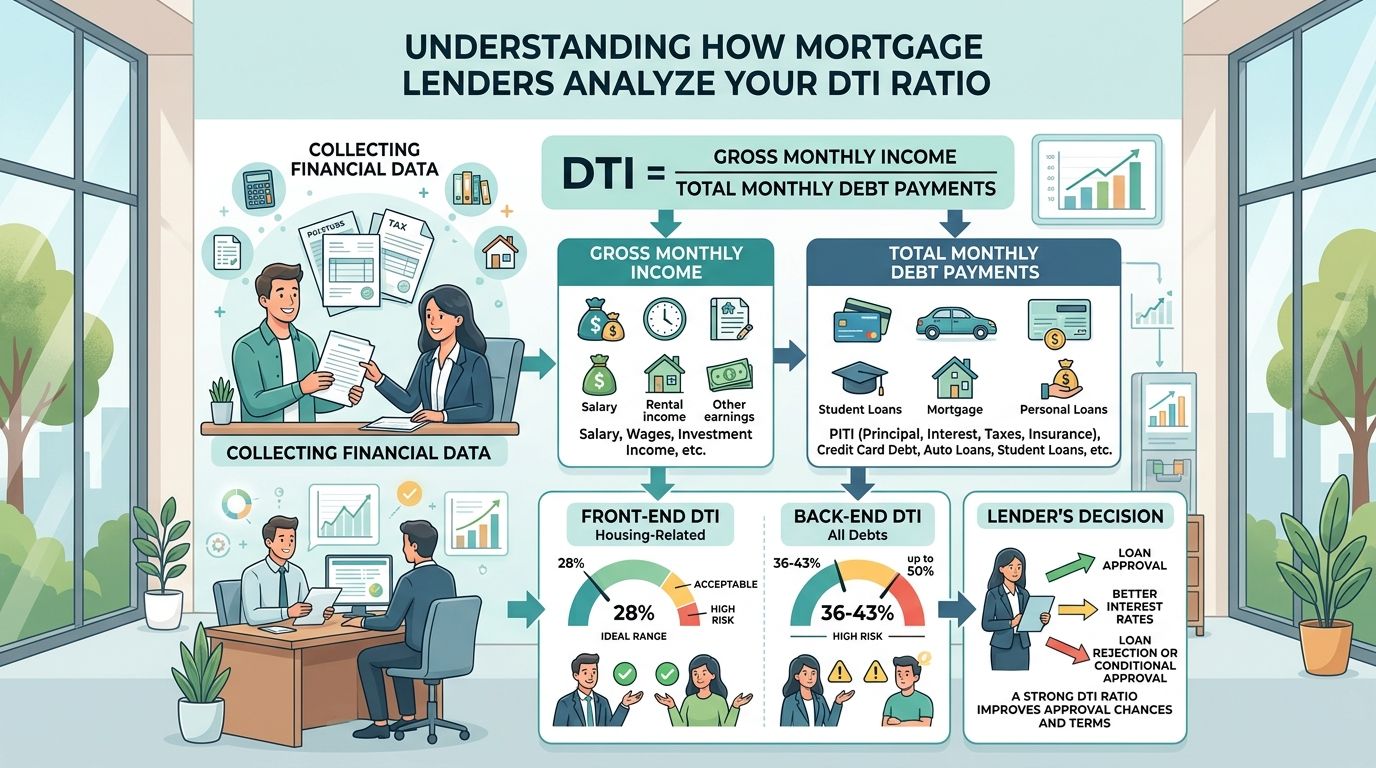 An infographic explaining how mortgage lenders calculate DTI ratios, showing income, debt factors, and decision criteria.