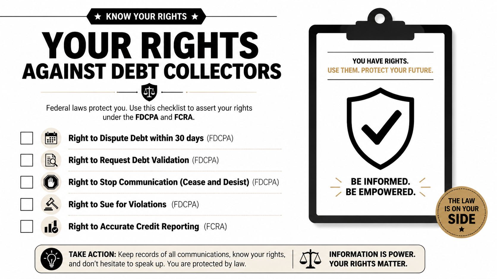 An infographic titled Your Rights Against Debt Collectors explaining consumer protections under the FDCPA and FCRA laws.