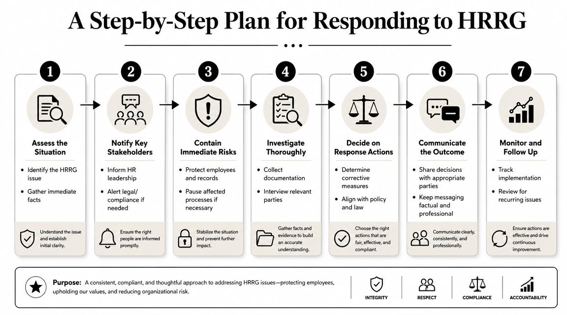 A seven-step flowchart illustrating a structured process for responding to HRRG issues in a professional workplace.