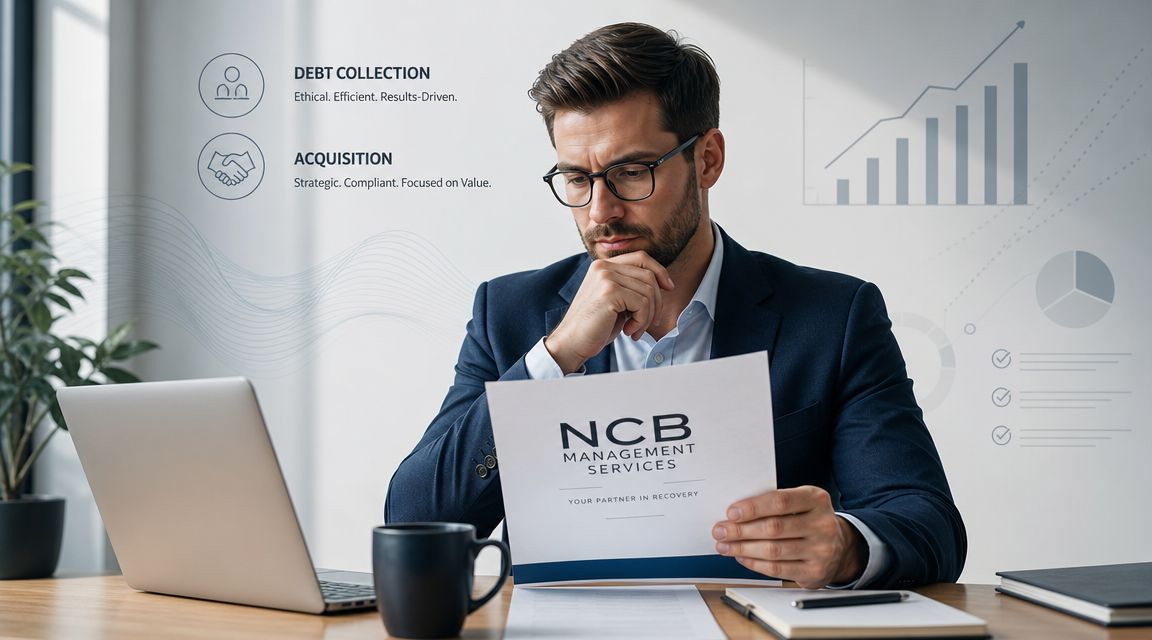 A professional man in a suit reviews NCB Management Services business documentation at his office desk.