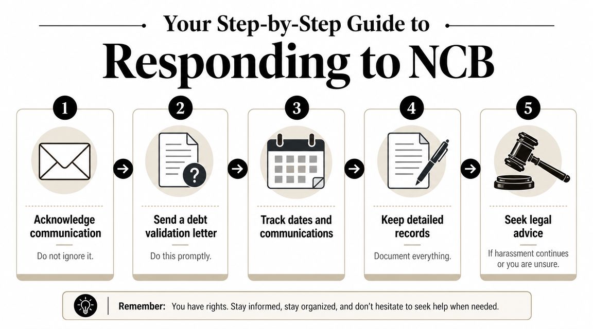 A five-step infographic showing how to respond to NCB management services, including debt validation and record keeping.