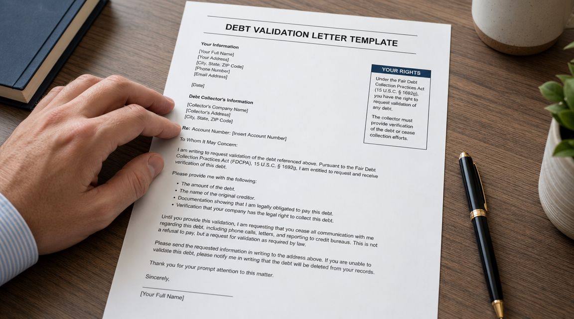 A person's hand holding a debt validation letter template on a wooden desk near a pen.