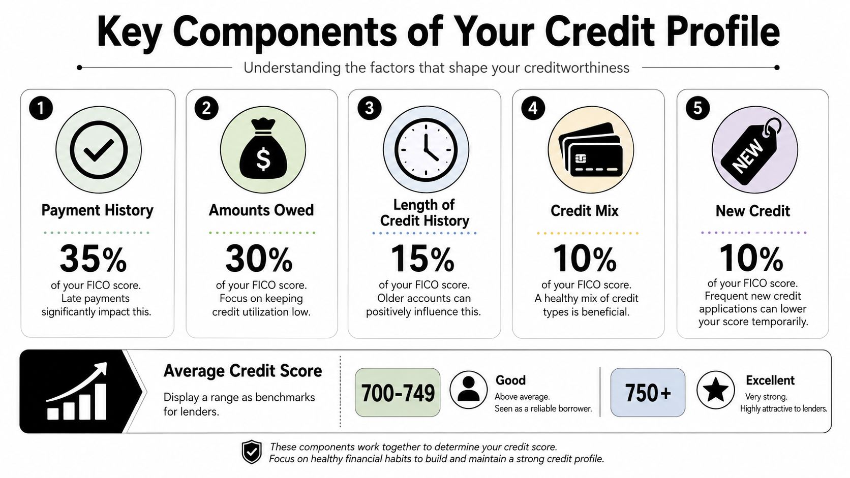 An infographic detailing the five key components of a FICO credit score and average score ranges.