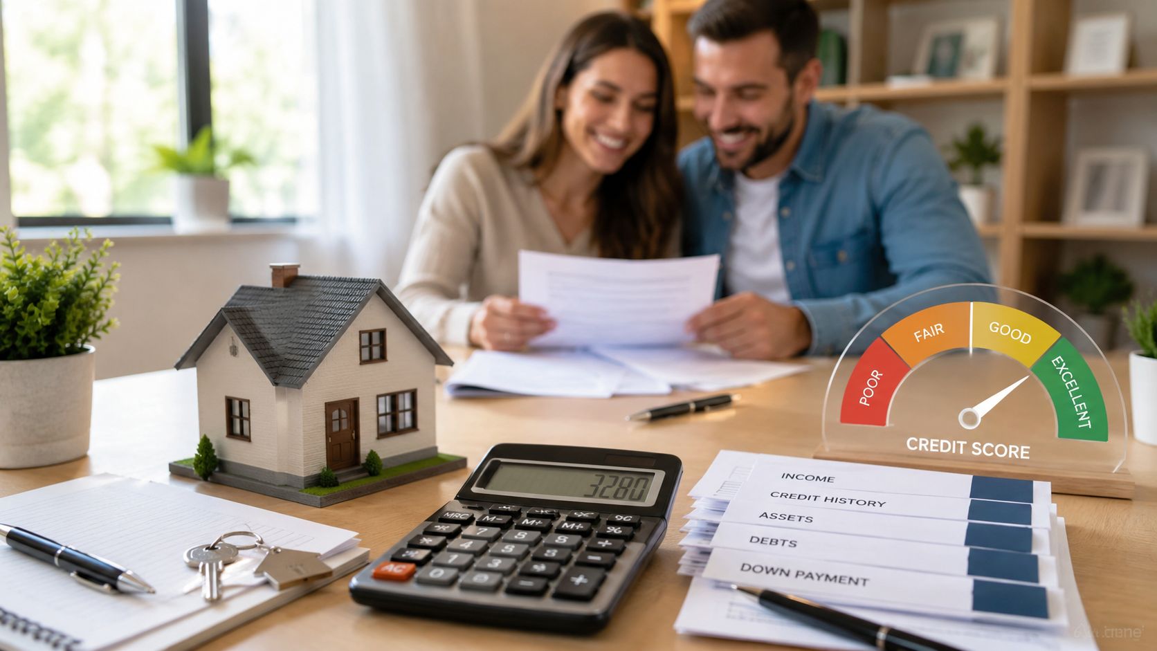 Borrowers reviewing a financial plan, credit records, and housing documents for mortgage-lender credit and application review