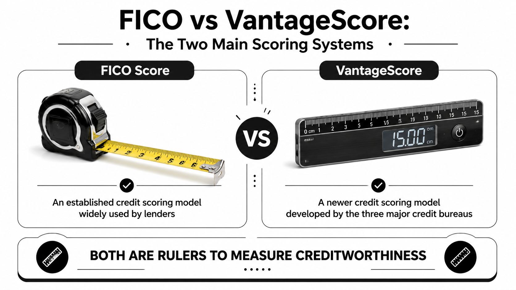 An infographic comparing FICO and VantageScore as two main credit scoring models used to measure creditworthiness.
