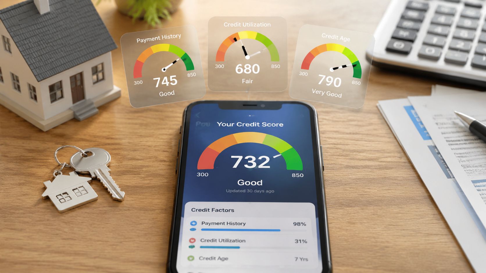 Credit-score gauge and report materials for credit-scoring models and lender decisions