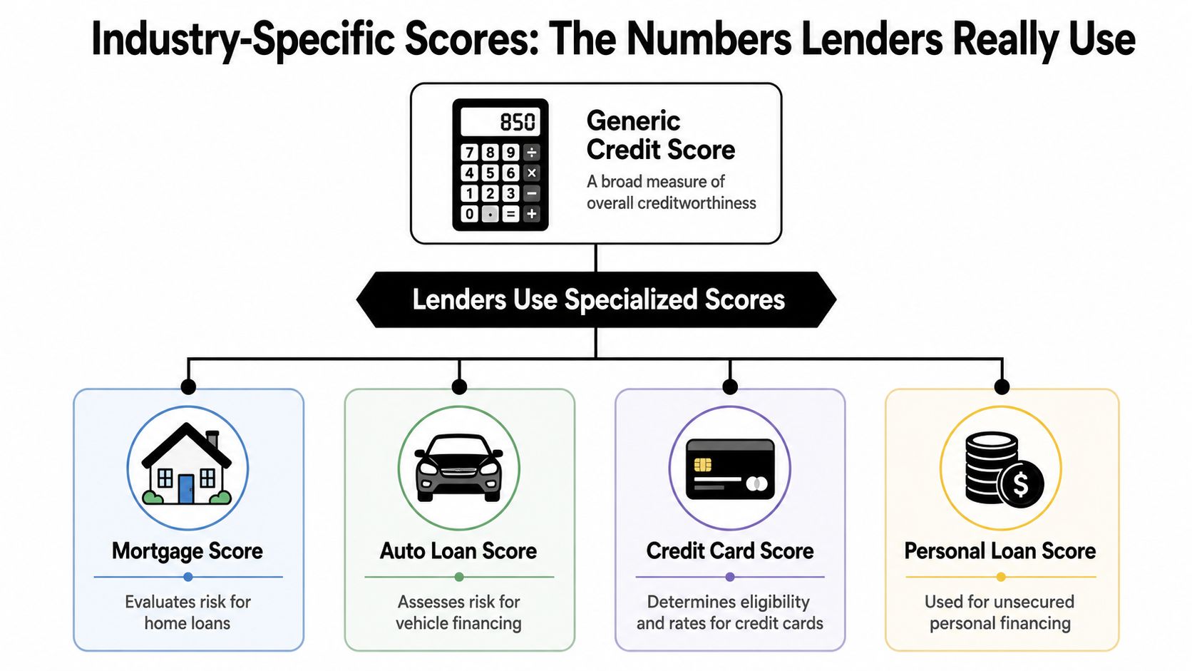 A diagram illustrating the difference between generic credit scores and industry-specific scores for various types of loans.