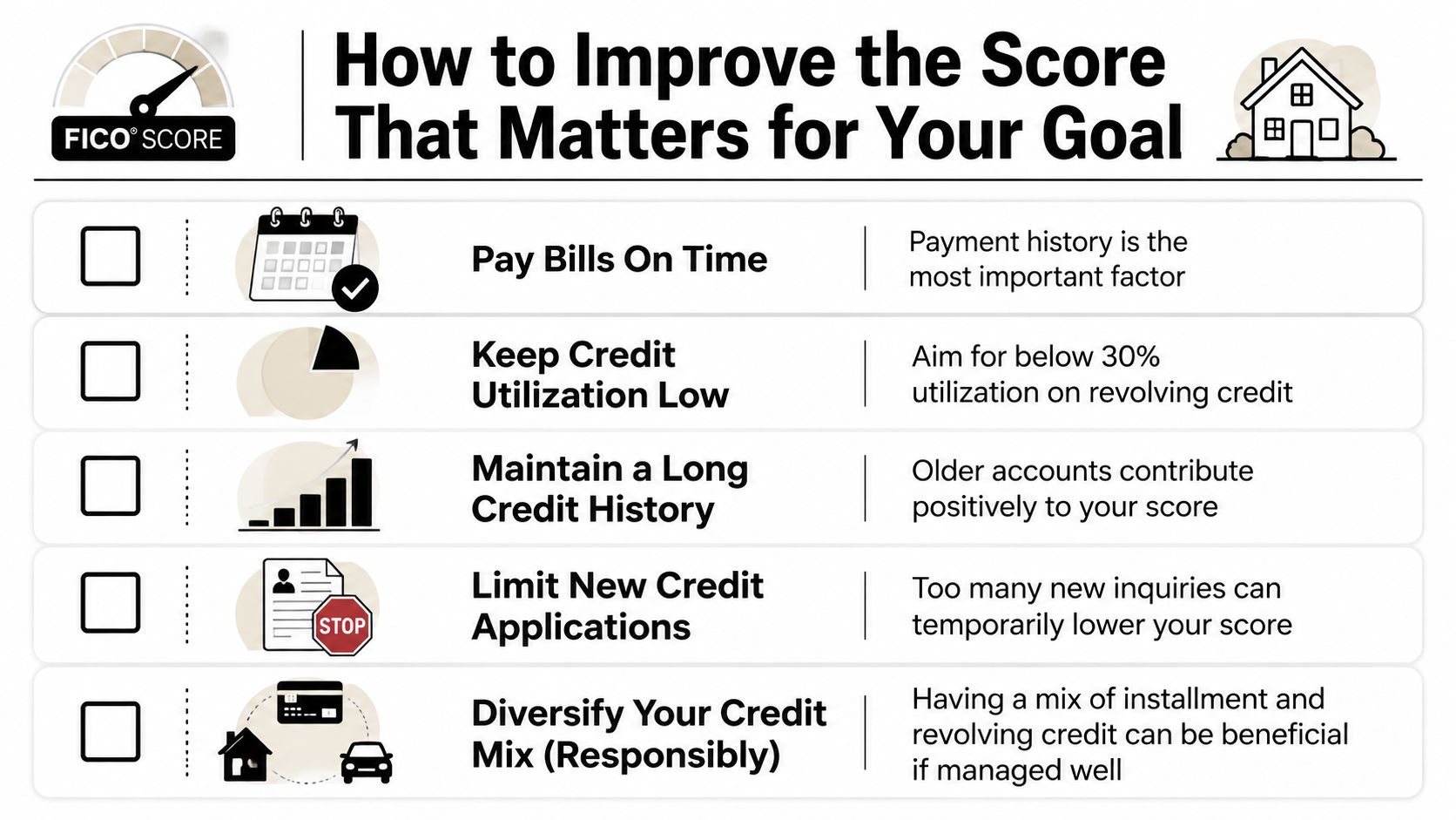 An infographic showing five key steps to improve your FICO credit score for home buying goals.