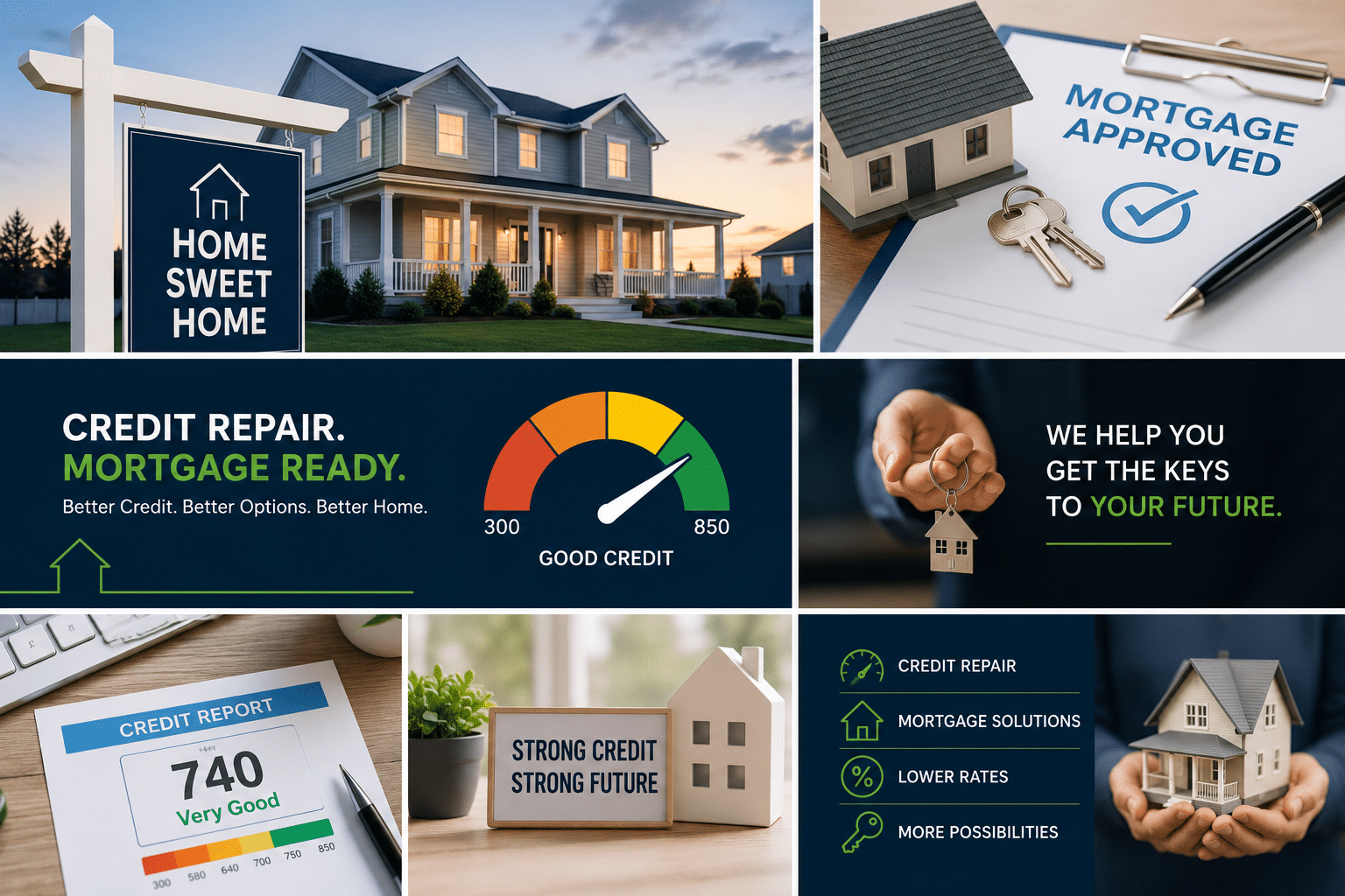 Credit repair and mortgage-readiness collage with a home, credit score, report, and key