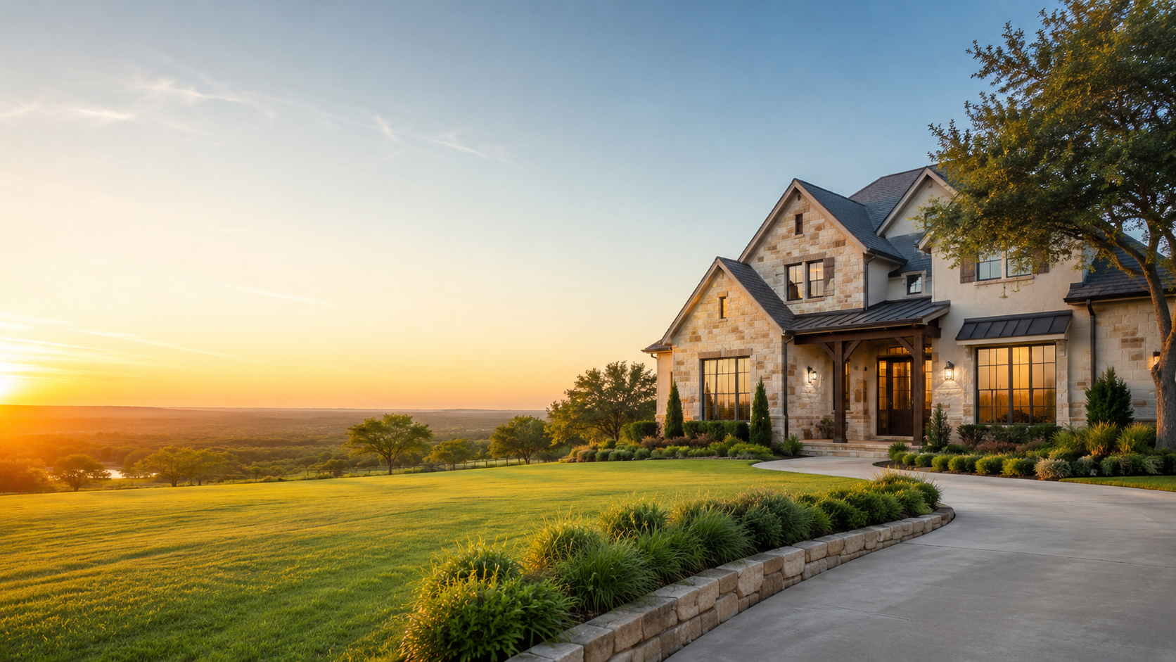 Large suburban home in a landscaped setting at sunset