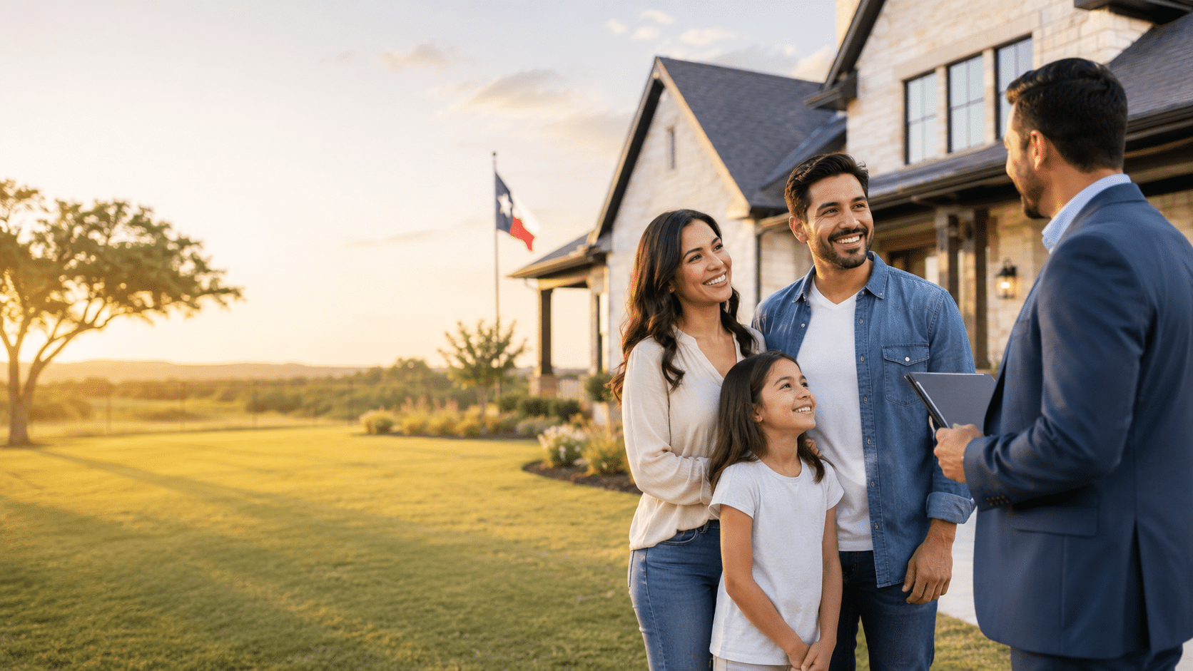 Family speaking with a real estate professional outside a house