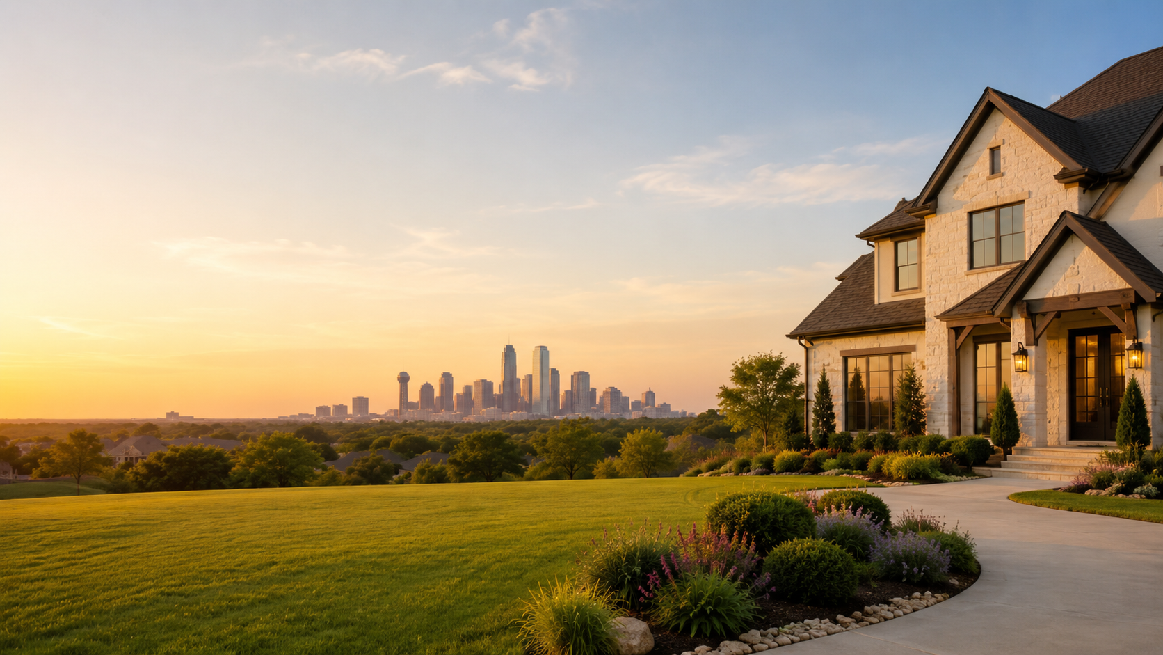 Suburban home and lawn overlooking a city skyline