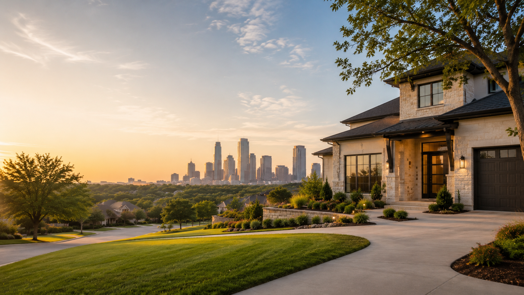 Large home with a city skyline in the distance