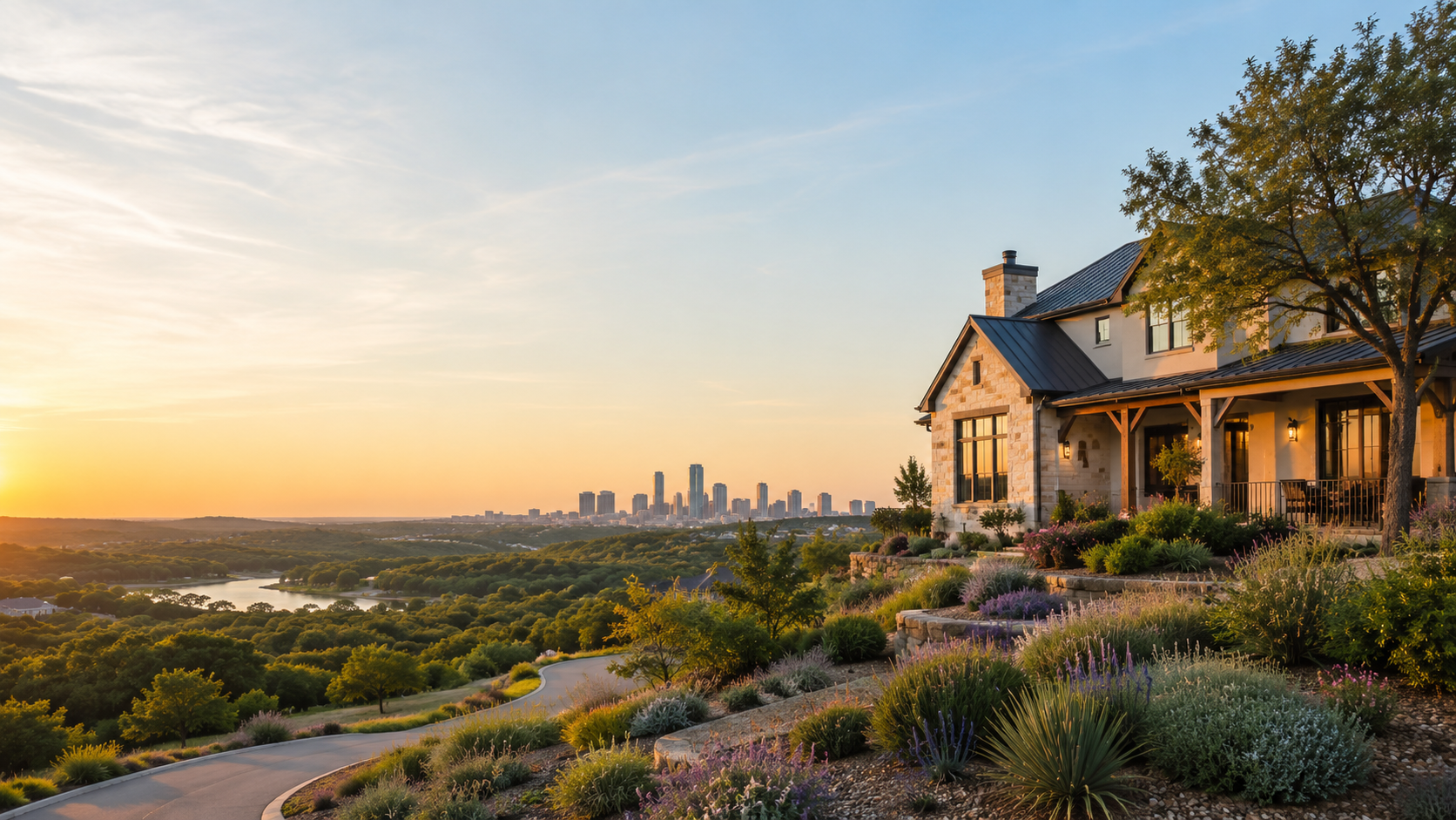 Home and landscaped hillside overlooking a city skyline