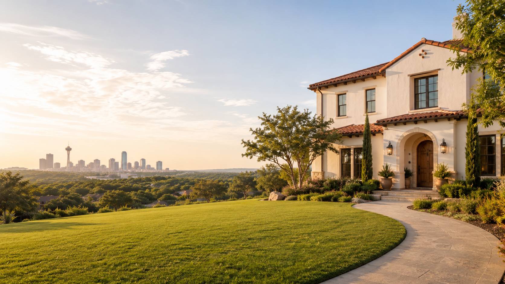 Large home and lawn at sunset