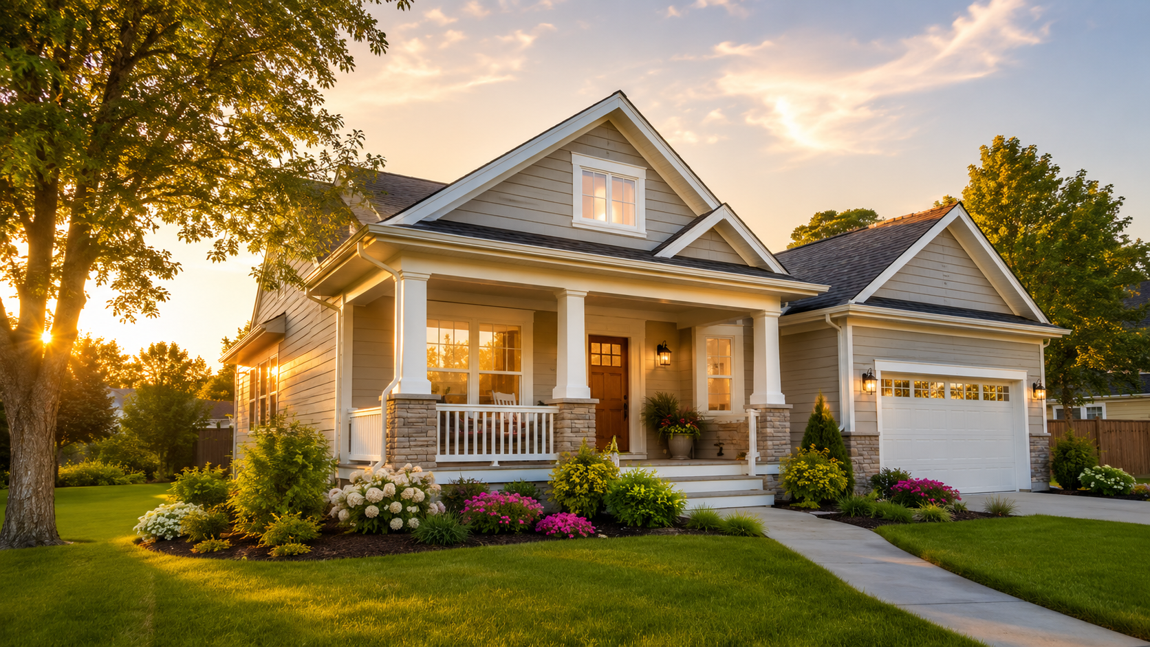 Suburban house with a front porch and landscaped yard