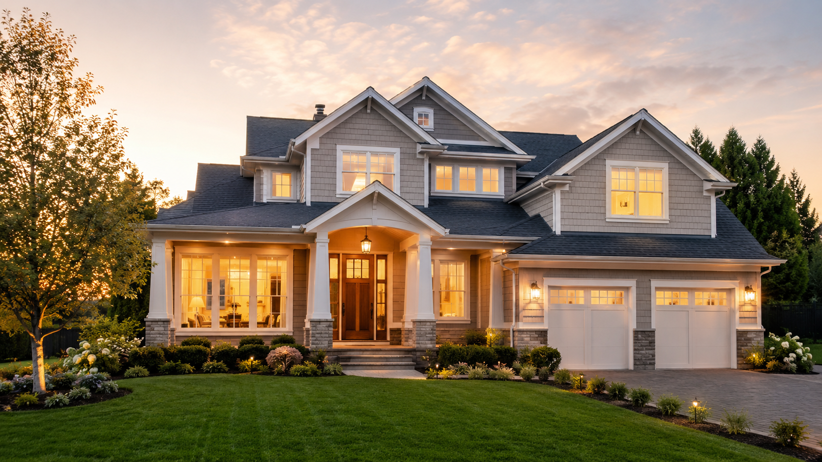 Two-story suburban house at dusk