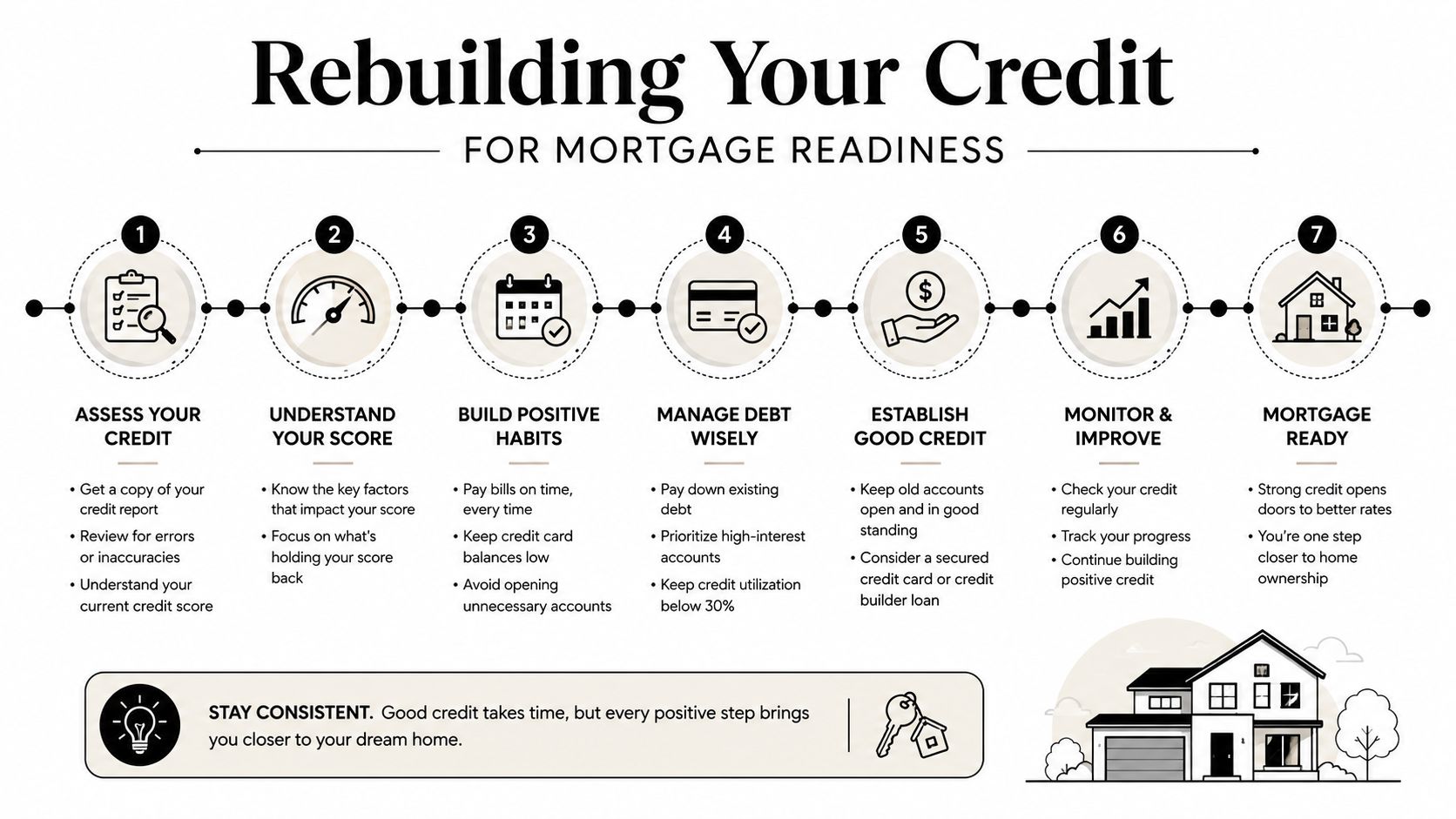 Seven-step credit-rebuilding roadmap from report review through mortgage readiness