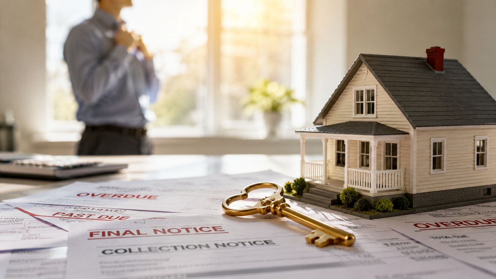 Model house, keys, and collection notices spread across a table