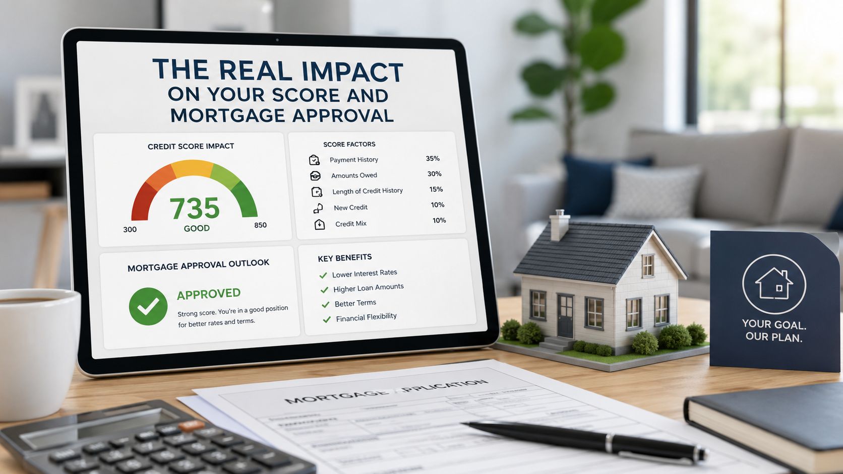 Credit-score report and model house representing mortgage review for collections on a credit report