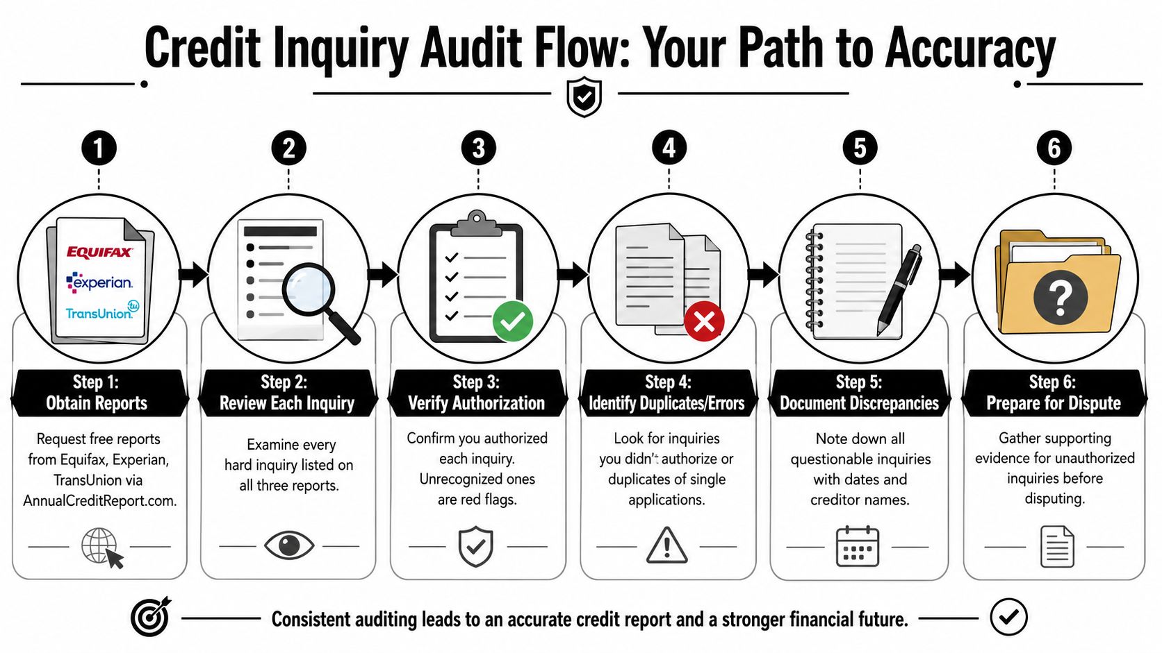 A six-step infographic illustrating the process for auditing and disputing credit inquiries for better financial accuracy.