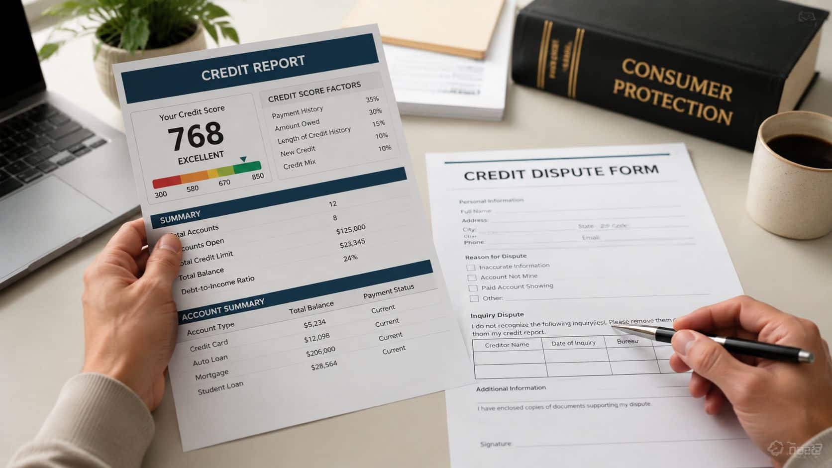 A person holding a credit report and filling out a credit dispute form on a desk.