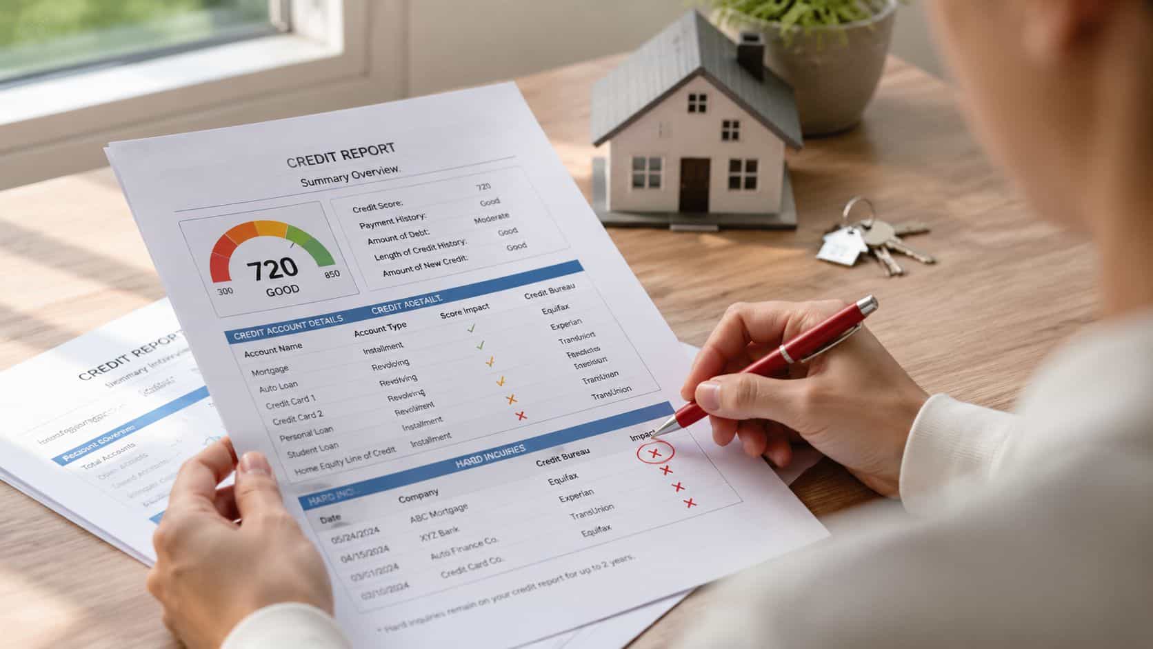 Credit report, supporting documents, and review notes for credit inquiries and report review