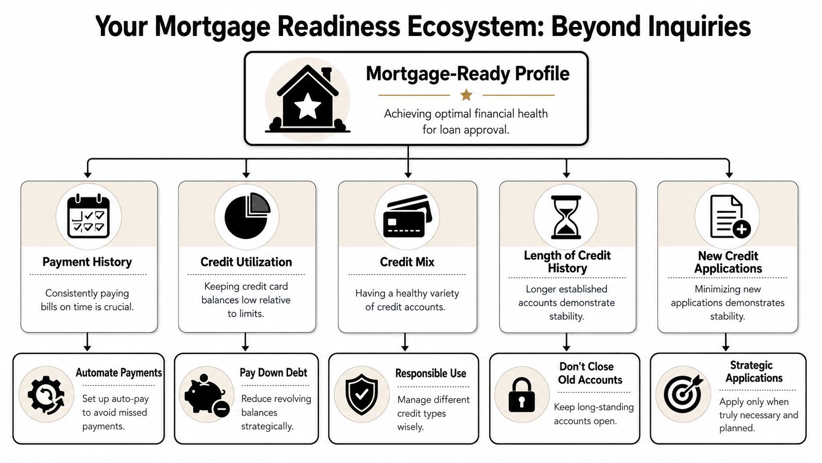 A diagram outlining the five key factors of a mortgage-ready financial profile and actionable tips.