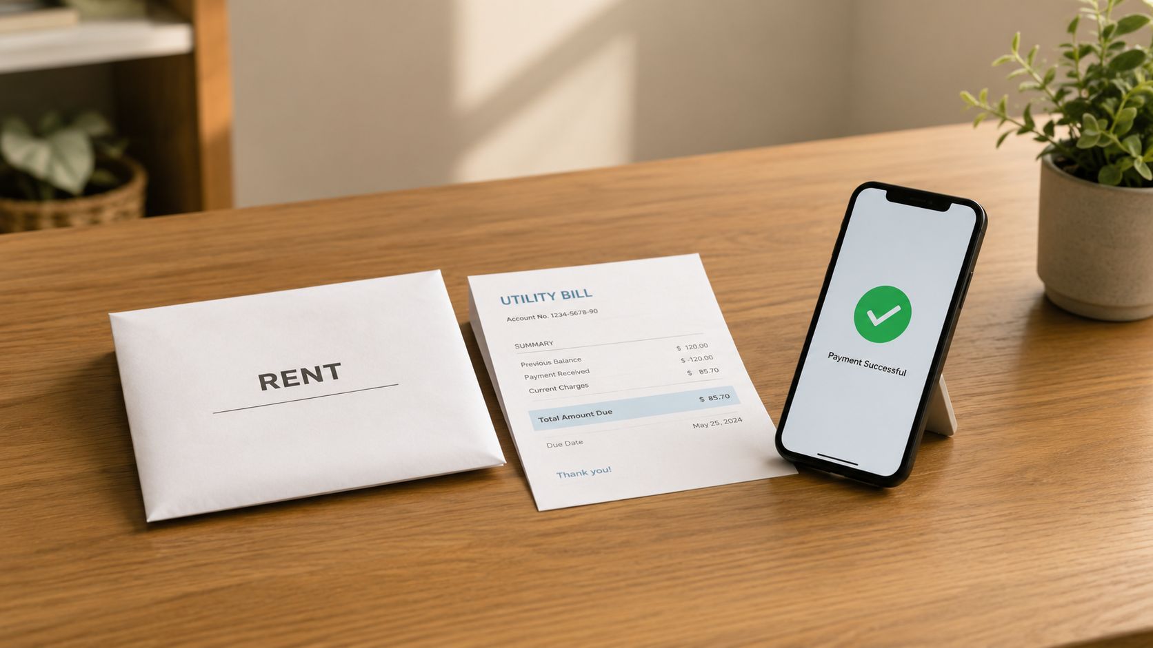 A smartphone showing a successful payment on screen next to a rent envelope and a utility bill.